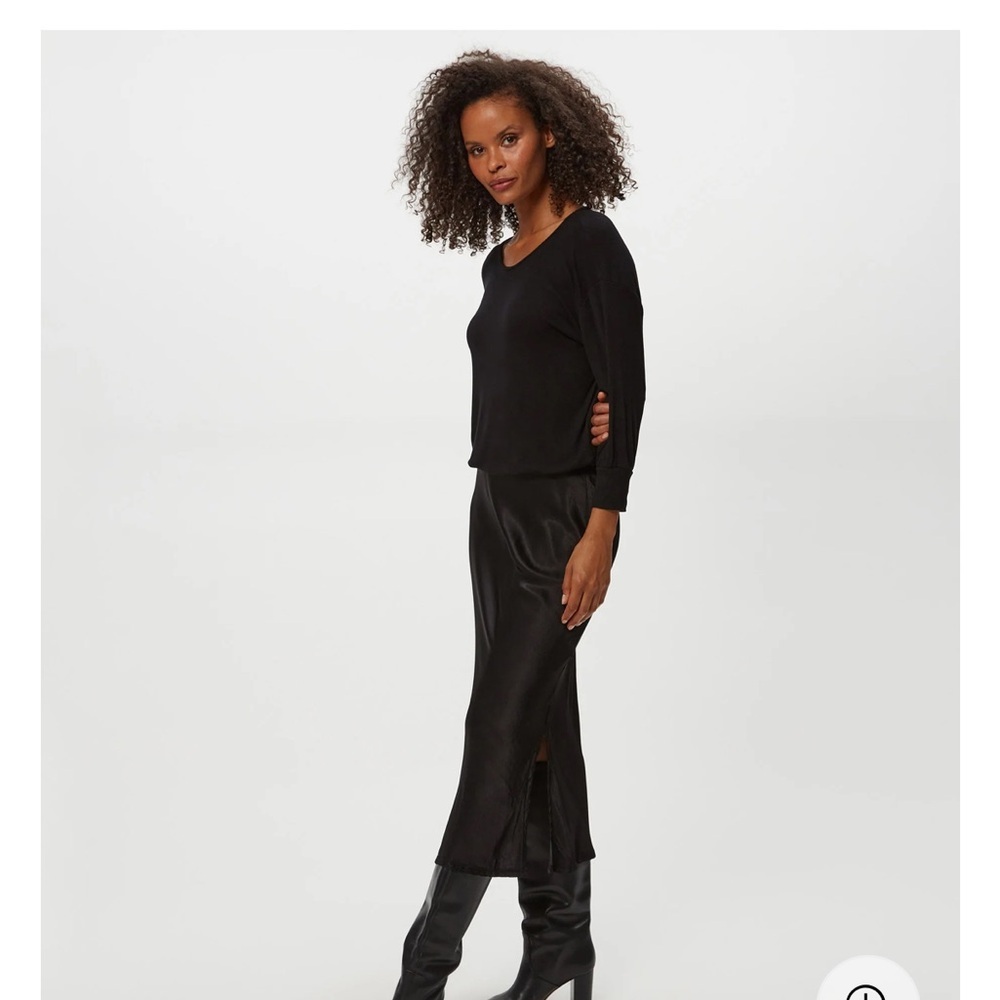 Michael Stars Nadia Mixed Fabric Black Satin Long Sleeve Midi Dress - Picture 5 of 8